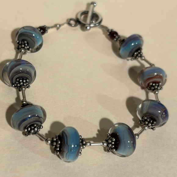 Blue and Silver Lampwork Glass Bracelet with Toggle Clasp - Picture 2 of 9